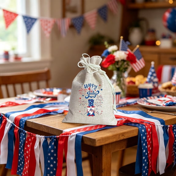 Beautynvta 10 Pack 4th of July Gift Bags, Red White Blue Patterns Patriotic Burlap Bags with Drawstring for Memorial Day Independence Day Party Supplies