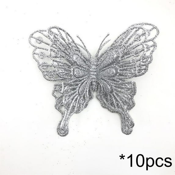 Beautynvta 10 Pcs Glitter Butterfly Ornaments, Hollow-Out Christmas Tree Butterfly Ornaments, Artificial Butterflies with Clip for Xmas Party Wreath Garland Decor
