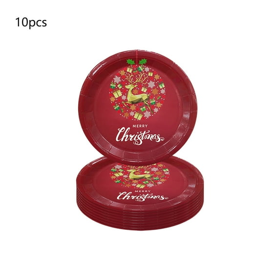 Beautynvta 10 Pcs Merry Christmas Paper Plates Set, Red Reindeer Snowflake Ball Painted Party Tableware Supplies, 7'' Disposable Paper Plates for Holiday Table Decor