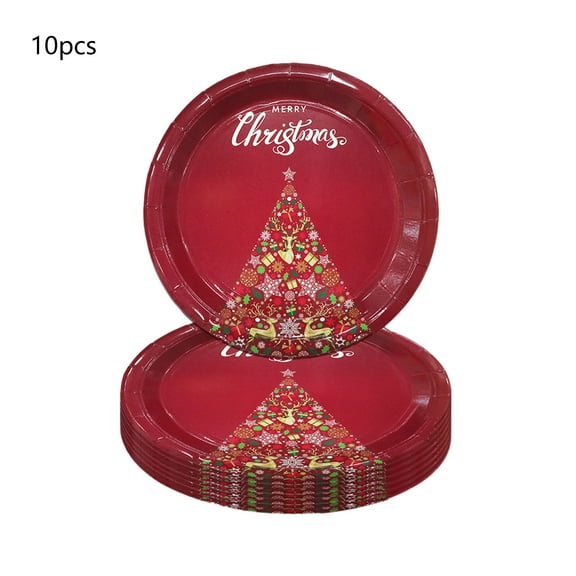 Beautynvta 10 Pcs Merry Christmas Paper Plates Set, Red Reindeer Snowflake Ball Painted Party Tableware Supplies, 9'' Disposable Paper Plates for Holiday Table Decor