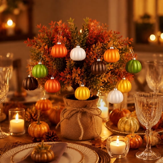 Beautynvta 10 Pcs Mini Pumpkin Hanging Ornaments, Multicolor Matte Fall Pumpkin Balls, Plastics Pumpkin Pendants for Small Tree Fall Thanksgiving Decor