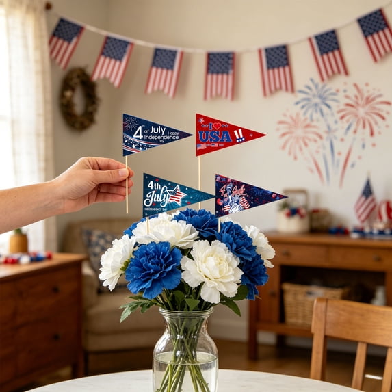 Beautynvta 12 Pcs 4th of July Cake Picks, Triangle Flags USA Toothpick Flags, Mini Stick Cupcake Toppers for Independence Day Cupcake Appetizers Party Decor