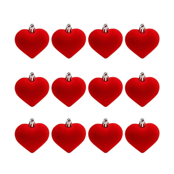 Beautynvta 12 Pcs Valentine's Day Heart Ornaments, 1.8'' Red Flocked Love Heart Hanging Ornaments, Heart Shaped Tree Baubles Velvet Ball for Valentine Decorations