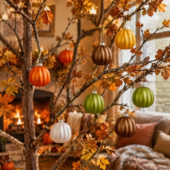 Beautynvta 15 Pcs Mini Pumpkin Hanging Ornaments, Multicolor Matte Fall Pumpkin Balls, Plastics Pumpkin Pendants for Small Tree Fall Thanksgiving Decor