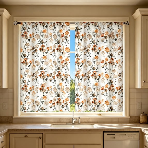 Beautynvta 2 Pack Vintage Orange Floral Kitchen Curtains, Rod Pocket Light Filtering Short Window Drapes, Rustic Curtain Panels for Kitchen Bathroom Farmhouse Decor