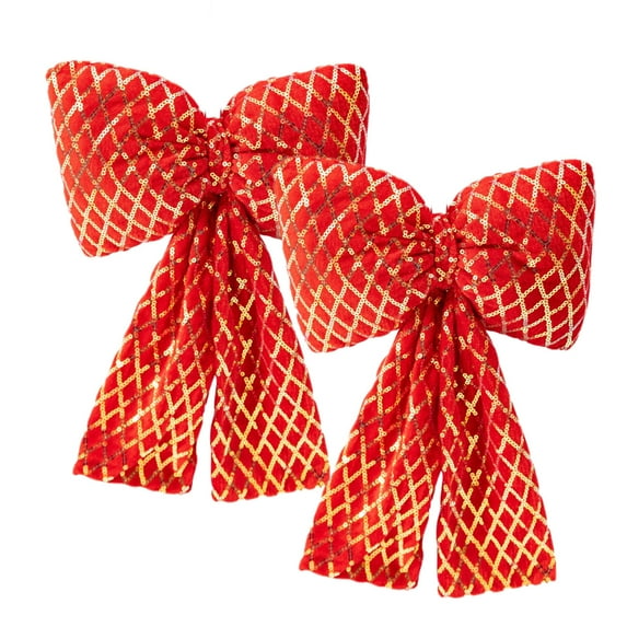 Beautynvta 2 Pcs Christmas Bow, Large Sequin Velvet Bows, Vintage Ribbon Bows Hanging Ornaments for Christmas Tree Wreath Garland Outdoor Indoor Party Decoration, Red
