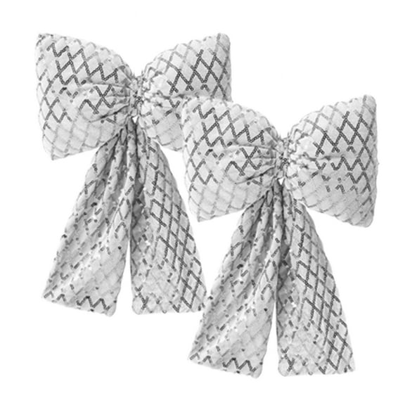 Beautynvta 2 Pcs Christmas Bow, Large Sequin Velvet Bows, Vintage Ribbon Bows Hanging Ornaments for Christmas Tree Wreath Garland Outdoor Indoor Party Decoration, Silver