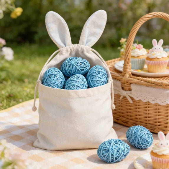 Beautynvta 2 Pcs Colored Rattan Ball for Basket Filler, 2.56'' Natural Rattan Weaving Ball, Easter Vase Filler Tabletop Decor, Holiday Decorative Eggs, Light Blue
