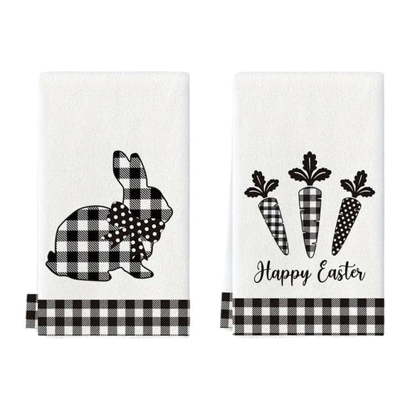 Beautynvta 2 Pcs Easter Black White Plaid Bunny Carrots Kitchen Towels Dishs Towels, Spring Farmhouse Decorative Hand Towels Set, 15.7x23.6 Inch