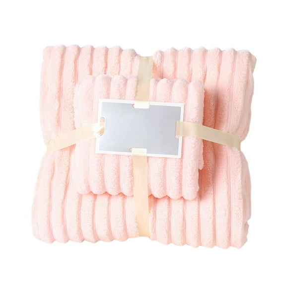 Beautynvta 2 Piece Towel Set for Bathroom, Velvet Striped Soft Absorbent Towel Set, 1 Bath Towel 27.56x55.12 In and 1 Hand Towel 13.78x29.53 In, Pink