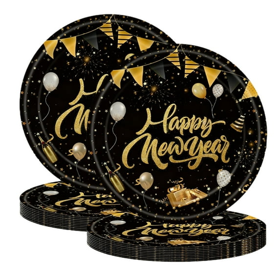 Beautynvta 20 Pcs Christmas Party Paper Plates Set, 9'' Happy New Year Paper Plates Black Gold Balloons Painted Disposable Paper Plates Set for Christmas Winter Holiday Party Supplies