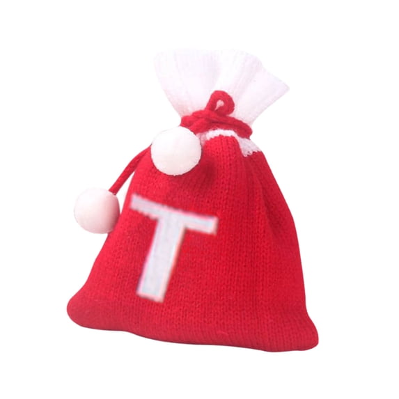 Beautynvta 26 Initial Letter Christmas Gift Bag, Knited Drawstring Gift Bag, Red White Santa Sack, Reusable Wrapping Bag for Xmas Candy Goodies Party Favor, T