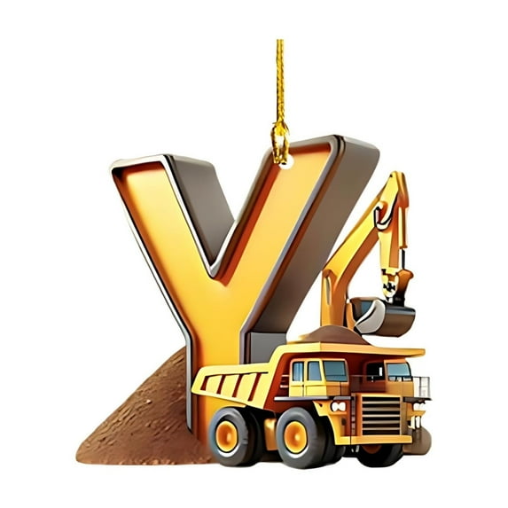 Beautynvta 26 Initial Letter Construction Vehicles Hanging Ornaments, Acrylic Christmas Alphabet Building Vehicle Pendant, Personalized Gifts Letter Hanging Ornament for Xmas Decor, Y