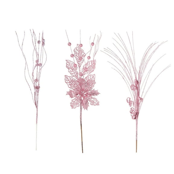 Beautynvta 3 Pcs Christmas Flower Branches, Artificial Poinsettia Branch, Berry Branch & Ribbon Branch, Glitter Christmas Branches for Xmas Tree Wedding Wreath Floral Decorations, Pink