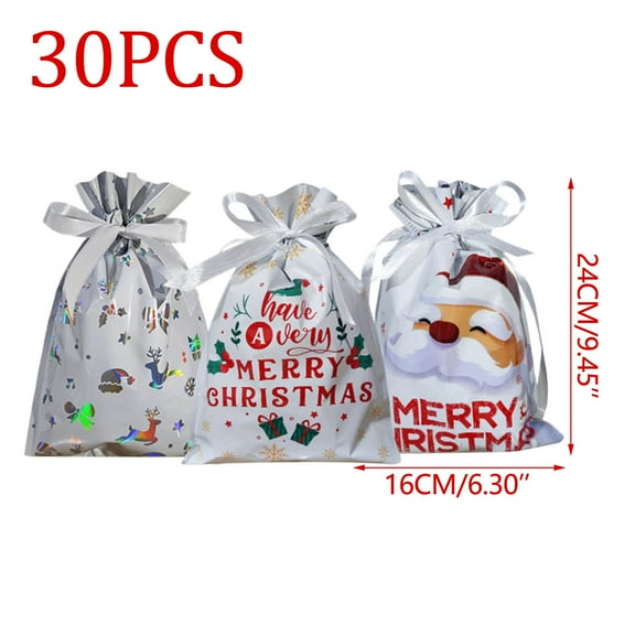 Beautynvta 30 Pcs Christmas Gift Bags with Drawstring, Assorted Small Size Plastic Foil Packaging Bag Gift Bag Candy Storage Bag for Gifts Wrapping Xmas Party Favors