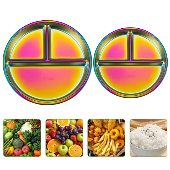 Beautynvta 304 Stainless Steel Divided Plates, 8 In Round Divided Plates, Dining Plates with 3 Compartments for Adults, Camping, Picnic, Home, Multicolor
