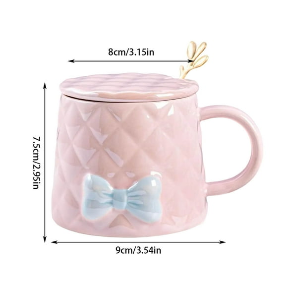 Beautynvta 350ml Bowknot Ceramic Mug with Spoon, Cute Coffee Tea Cup with Handle and Lid, Handmade Hot Chocolate Mugs, Tea Milk Cup for Coffee, Cocoa, Gift, Microwave Safe