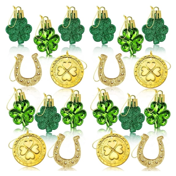 Beautynvta 48 Pcs St. Patrick's Day Decorations, Shamrock, Horseshoe and Commemorative Coin Hanging Ornaments with Gold String for Irish Party, Spring Tree, Home & Office Decor