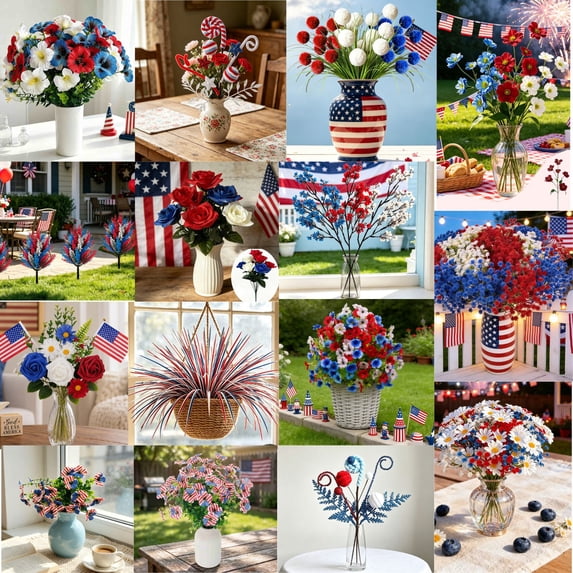 Beautynvta 4th of July Artificial Flowers, Patriotic Rose Flowers, Fake Silk Rose Bouquet, Red White Blue Faux Flowers for Independence Day Table Centerpiece Decor