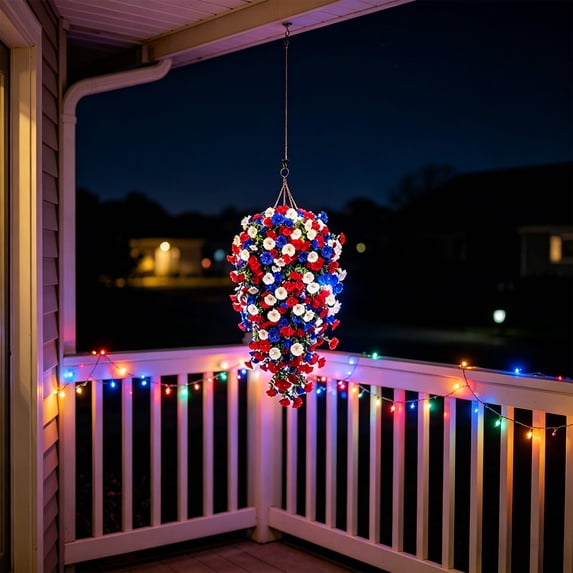 Beautynvta 4th of July Artificial Hanging Flower for Outdoor with LED Lights, Red White Blue Patriotic Fake Porch Trailing Flowers for 250th Anniversary Memorial Day Patio Home Decor