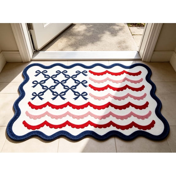 Beautynvta 4th of July Decoration, Patriotic Doormat with Wave Edge, Blue Red Pink Bows and Banners Design Entrance Rug for Front Door Porch Kitchen Indoor Outdoor, 23.6x35.4 Inch