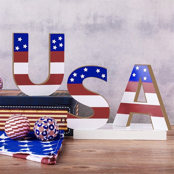 Beautynvta 4th of July Decorations, USA Letter Wood Tabletop Sign, Memorial Day Tiered Tray Decor, Patriotic Wooden Ornaments for Shelf Fireplace Table Decor