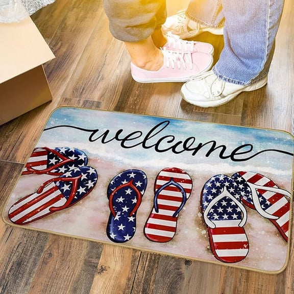 Beautynvta 4th of July Doormat, Beach Slippers Decor Patriotic Welcome Mat, Non-Slip Entrance Floor Mat for Indoor Outside Front Door Bathroom Kitchen Decor, 19.7x31.5 Inch