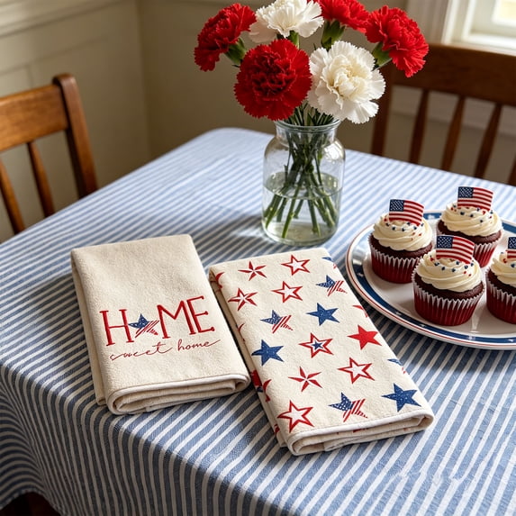 Beautynvta 4th of July Kitchen Towels Set of 2, American Flag Stars Stripe Patriotic Hand Towel, Soft Absorbent Quick Drying Tea Towels Dishcloths for Memorial Day Home Decor