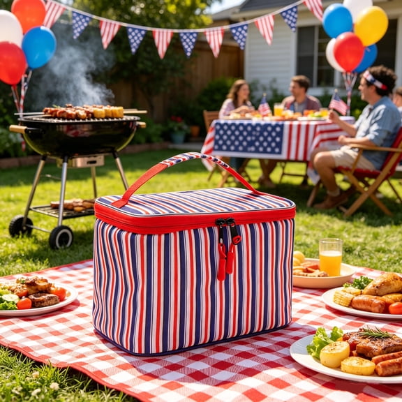 Beautynvta 4th of July Lunch Bag, Red White Blue Striped Cooler Bag, Portable Thermal Tote Bag Insulated Lunch Box Bag for Travel Beach Picnic Camping