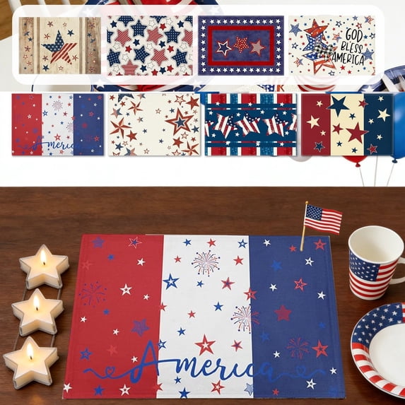 Beautynvta 4th of July Patriotic Placemats, Red White Blue Stars Stripes Place Mats, Linen Table Mats for Independence Day Indoor Outdoor Party Supplies, 12''x18''