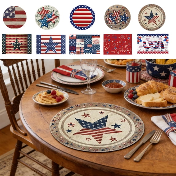 Beautynvta 4th of July Placemats, American Flag Stars Stripe Patriotic Placemats, Memorial Day Table Mats for Party Home Kitchen Dining Table Decorations, 14.2x14.2 Inch
