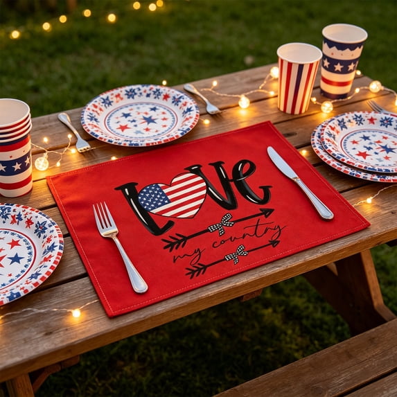 Beautynvta 4th of July Placemats, Independence Day Patriotic Placemats, Red White Blue Heat-Resistant Washable Table Mat for Kitchen Dining Table Decor, 16.5x12.6 Inch