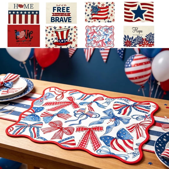 Beautynvta 4th of July Placemats, Stars and Stripes Bows Decor Patriotic Placemats, Red White Blue Heat-Resistant Washable Table Mat for Kitchen Dining Table Decor, 13x13 Inch