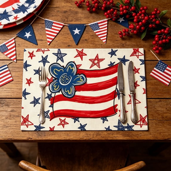 Beautynvta 4th of July Placemats, Stars and Stripes Patriotic Placemats, Red White Blue Heat-Resistant Washable Table Mat for Kitchen Dining Table Decor, 16.5x12.6 Inch