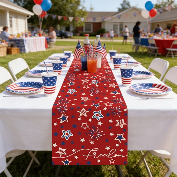 Beautynvta 4th of July Table Runner, Blue White Stars and Fireworks Patriotic Table Runner, 250th Anniversary Linen Table Runner for Kitchen Dining Table Decor, 72x13 Inch