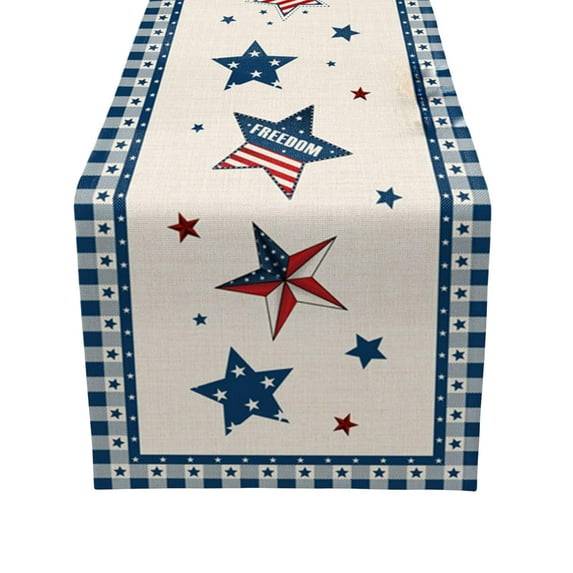 Beautynvta 4th of July Table Runner, Linen Red White and Blue American Flag Stars Table Runner, 13''x92'' Patriotic Table Runner for Independence Day Memorial Day