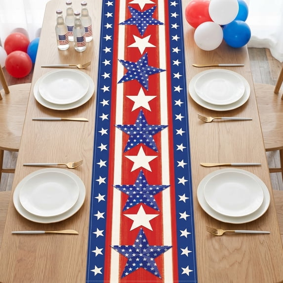 Beautynvta 4th of July Table Runner, Stars Stripes Patriotic Table Runner, 250th Anniversary Linen Table Runner for Kitchen Dining Table Decor, 72x13 Inch