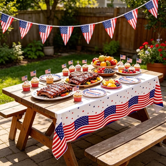 Beautynvta 4th of July Tablecloth, Stars and Stripes Patriotic Tablecloth, Disposable Table Cover for Independence Day Party, Picnic and Outdoor Dining, 54x108 Inch