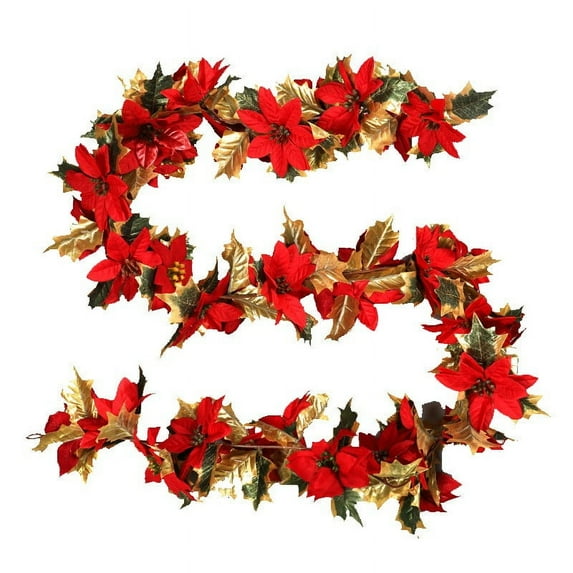 Beautynvta 5.9 Ft Christmas Poinsettia Garland with LED Lights, Fake Silk Artificial Flowers Vine with Holly Leaves for Fireplace Mantle Stairecase Indoor Outdoor