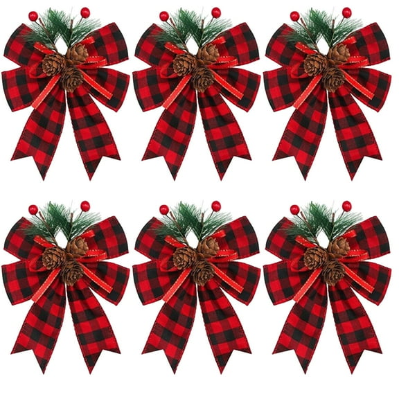 Beautynvta 6 Pcs Christmas Ribbon Bowknot Decoration, Christmas Bow Ornaments with Pine Cones Pine Needles Berries for Christmas Tree Wreath Garland DIY Crafts Decoration