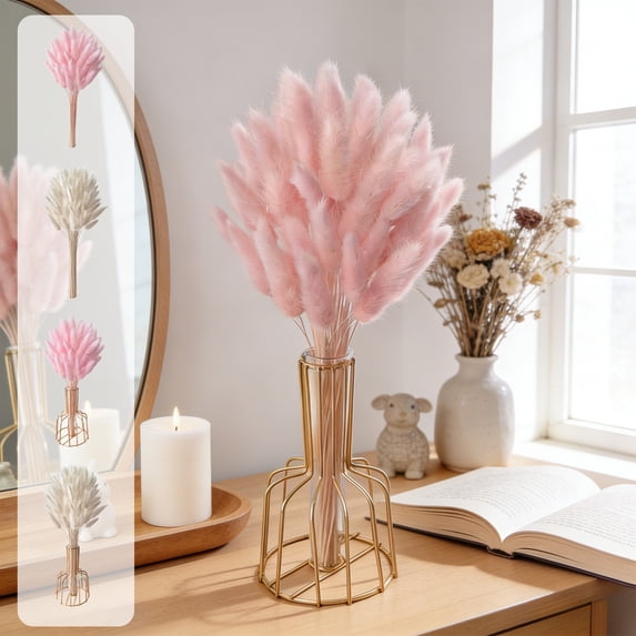 Beautynvta 60 Pcs Bunny Tails Dried Flower Branches with Vase for Wedding Boho Decor, Pink Fake Rabbit Tail Grass for Flowers Arrangements DIY Crafts Home Table Decor