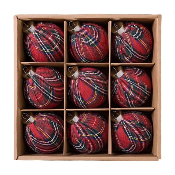 Beautynvta 9 Pcs Christmas Plaid Ball Ornaments, Xmas Tree Balls, Hanging Ball Decor for Christmas Tree, Xmas Home Decoration, 3.15", Red