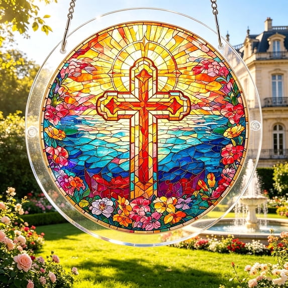 Beautynvta Acrylic Puzzle Suncatcher Window Hanging, 83 Pieces Sun Catcher Acrylic Puzzles, DIY Suncatchers Puzzles, Home & Garden Decor, 7.4'', (Flowers and Cross)