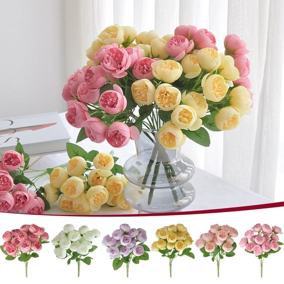Beautynvta Artificial Flowers, 15 Heads Tea Rose Flowers Buds Fake Silk Tea Rose Flowers Bouquet for Vase Floral Arrangement Table Centerpiece Wedding Home Decor