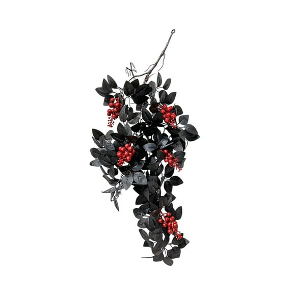 Beautynvta Artificial Maple Leaves Teardrop Swag Wreath, Fake Gothic Gothic Black Maple Leaves Door Swag with Berry Fall Hanging Plants for Home Wall Window Decor