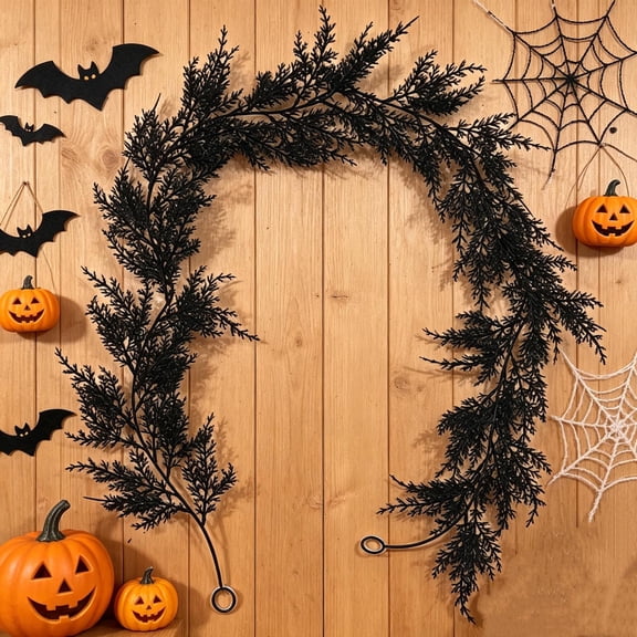 Beautynvta Artificial Pine Needle Garland Halloween Decor, Plastic Dark Twig Vine Swag, Gothic Greenery Decor for Porch Arch Window Mantel Decor