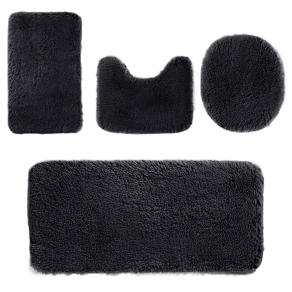 Beautynvta Bathroom Rugs Sets 4 Pieces, Lid Cover Bathroom Shower Rugs, U-Shaped Toilet Mat, Microfiber Plush Bath Mats, Non-Slip Water Absorption Quick Drying Bath Rugs, Black