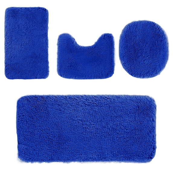 Beautynvta Bathroom Rugs Sets 4 Pieces, Lid Cover Bathroom Shower Rugs, U-Shaped Toilet Mat, Microfiber Plush Bath Mats, Non-Slip Water Absorption Quick Drying Bath Rugs, Blue