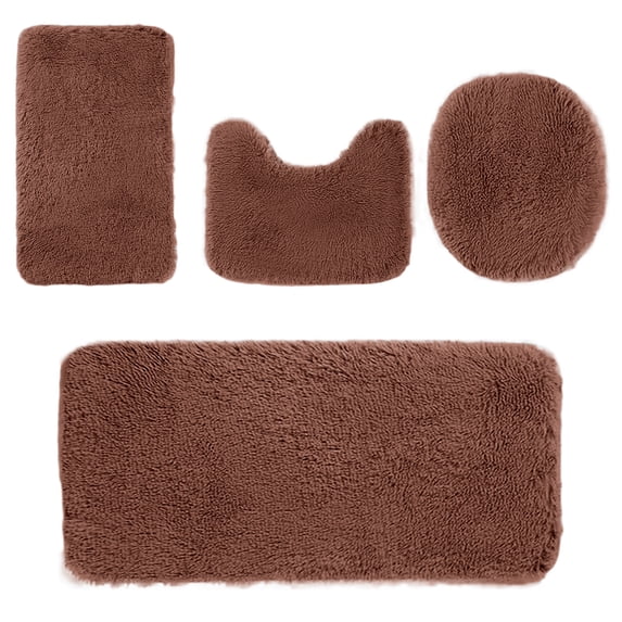 Beautynvta Bathroom Rugs Sets 4 Pieces, Lid Cover Bathroom Shower Rugs, U-Shaped Toilet Mat, Microfiber Plush Bath Mats, Non-Slip Water Absorption Quick Drying Bath Rugs, Brown