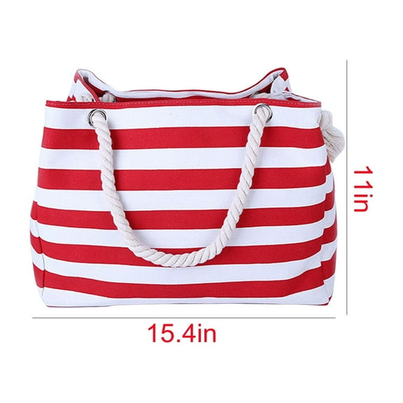 Beautynvta Beach Bag for Women, Large Beach Tote Bag with Top Zipper, Reusable Striped Beach Shoulder Bag, Waterproof Sandproof Beach Bag, Red